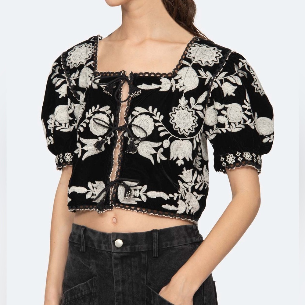 New Sea NY Irene black velvet embroidered tie front blouse